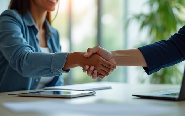 Two professionals shaking hands over a table with a laptop, symbolizing partnership and collaboration